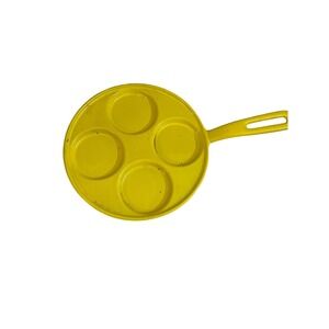 Vintage Yellow Enamel Cast Iron 4-Well Egg Pancake Pan Skillet Rustic Decor